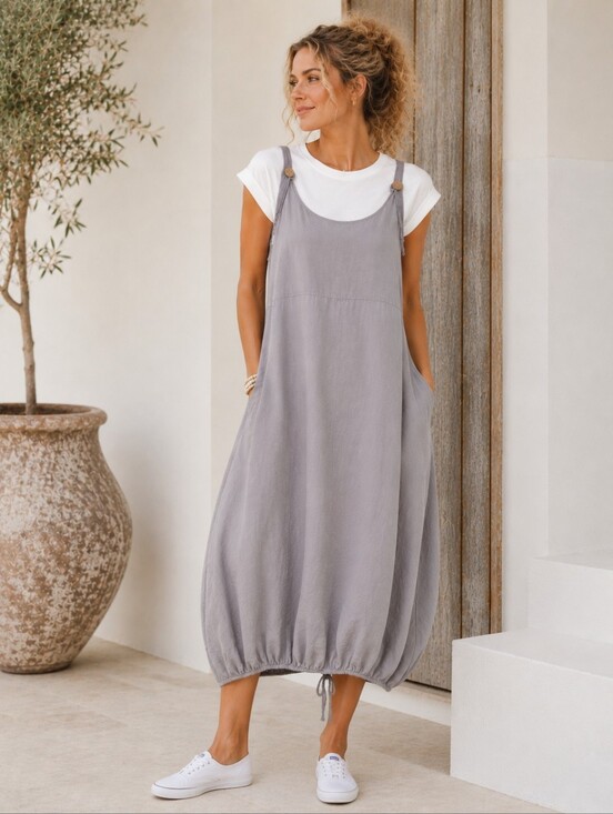 Orange Amore Dresses & Skirts - Orange Amore Made in Italy 100% Linen Bubble Hem Dress L/XL Balloon Hem Pockets
